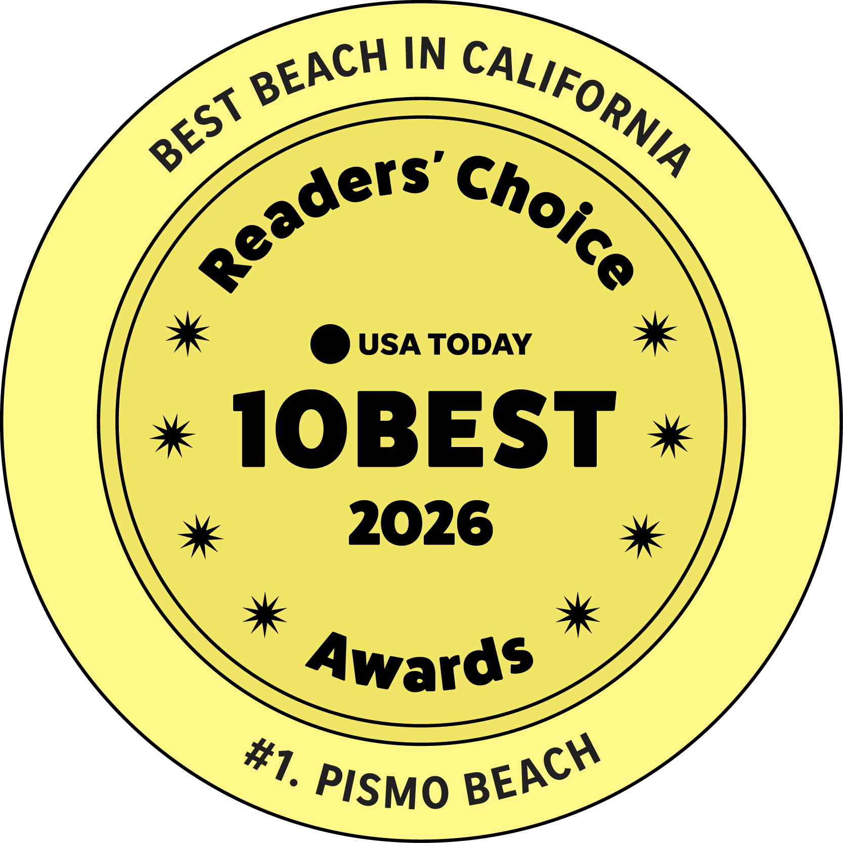 A yellow &ldquo;Best Peach in California&rdquo; stamp reading &ldquo;Reders&rsquo; Choice,&rdquo; &ldquo;USA Today 10BEST,&rdquo; 2026, and &ldquo;Awards,&rdquo; with &ldquo;#1 PISMO BEACH.&rdquo; logo on footer section.